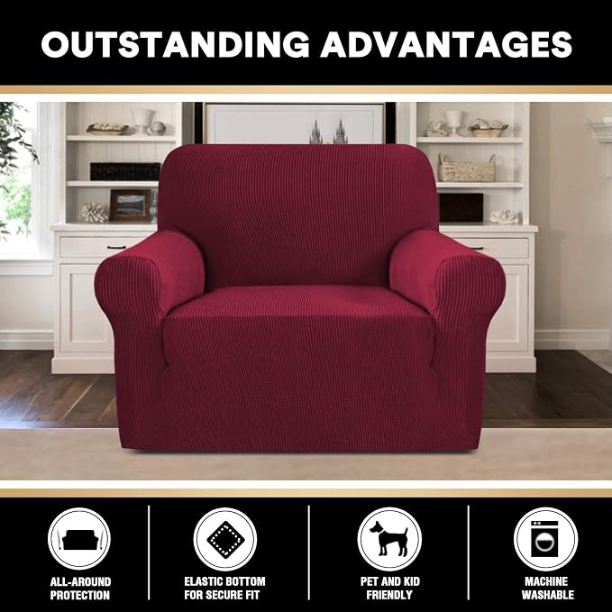 Stretch Chair Covers for Living Room, Washable Armchair Slipcovers, Fitted Chair Slip Cover Jacquard Small Checked Furniture Protector with Elastic Bottom(Armchair 31"-40",Burgundy)