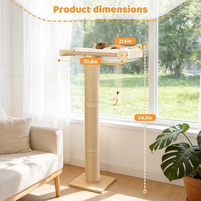 54" Tall Cat Scratching Post with Window Perch | White Fluffy Cushion, 3-Thickened Sisal Roman Columns, Drill-Free Suction Cup, Elevated Privacy Hammock, 60 LBS Capacity