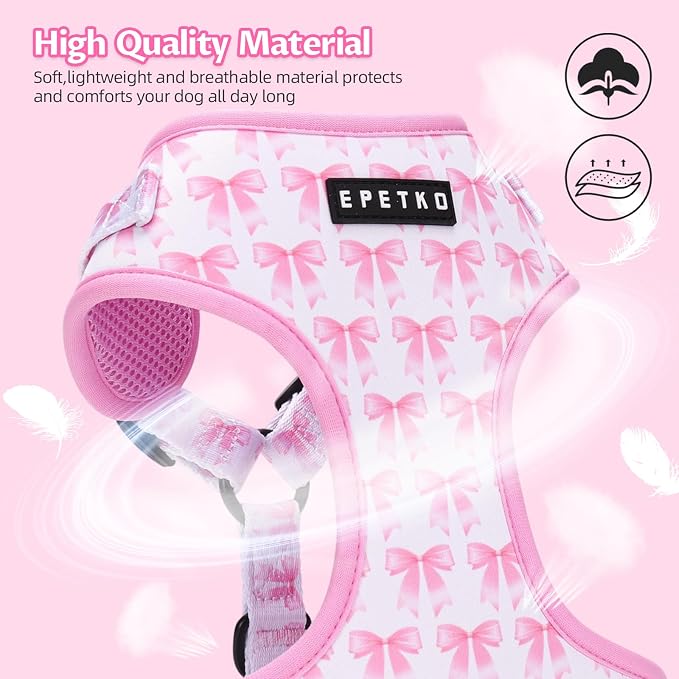 Small Dog Harness and Leash Set of 6, No Pull Soft Lightweight Mesh Puppy Harness, Adjustable Cute Floral Pattern Pet Harness for Small Medium Dogs (Pink Bow, L)