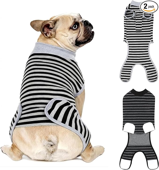 2 Packs Breathable Cotton Dog Recovery Suit for After Neuter Spay Abdominal Wounds Protector, Professional Anti-Licking Onesies for Male Female Pets Surgery Bandages, Small Striped Black Grey