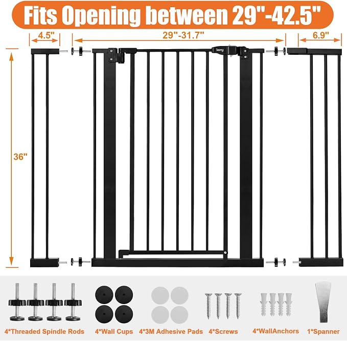 keny 36" Extra Tall Baby Gate for Stairs, 29-42.5" Wide Auto Close Dog Gate | Pressure Mounted Easy Walk Through Pet Gate for Doorways, Durable Safety Stair Gate, Black