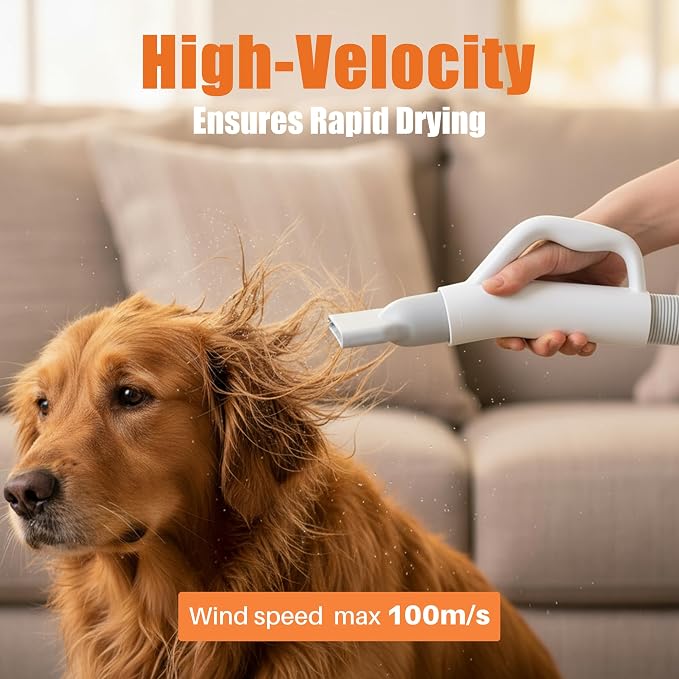 NEWBULIG Dog Hair Dryer with Heater for Grooming, White | 1550W High Velocity Speed Temperature Adjustable Pet Blow Dryer with 4 Nozzles