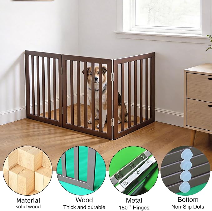 Dog Gate Indoor, Freestanding Dog Fence for The House, Doorways, Hallways,or Stairs,Pet Gate Foldable Wooden,Expandable 24" Height 3 Panels,Brown