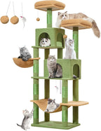 Taoqimiao Cactus Cat Tree, 66.2 in Tall Cat Tower with 2 Plush Cat Condos | 7 Scratching Posts, 2 Top Perches, Cozy Hammock & Basket, Indoor Cats, 2 Pompoms & Mouse Toy, MS013T