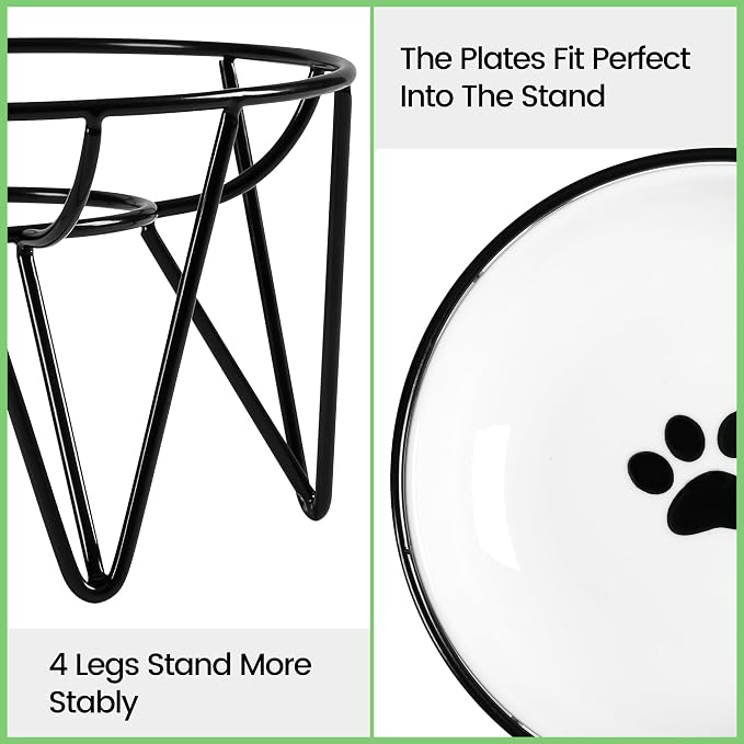 Ceramic Cat Bowls, 2 Pack - Raised, Whisker Friendly, Anti-Vomiting Cat Food Plates - Hygienic, Secure Material, Elegant Stand, 10 oz, for Indoor Cats & Kittens