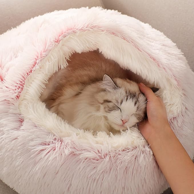 YUDANSI Cat Bed Hooded for Indoor Cats, Dog Bed with Large Covered Hood for Small Dogs Cats Puppy Kitty, Anti Anxiety Donut Cuddler, Anti Slip Plush Faux Fur Enclosed Pet Nest (Washable)(Pink-20inch)