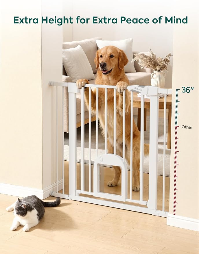 Babelio 36" Tall Baby Gate with Cat Door, CatPrivilege III, 29-43" | Auto-Close, Pressure Mounted, Double Lock, Easy Walk Thru Safety Gate with Pet Door for Stairs, Doorways and House, White