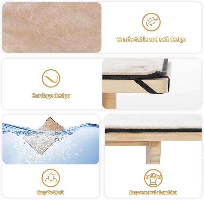 PETSFIT Cat Window Perch, Solid Wood, Fleece Mat, Windowsill Bedside Drawer | Natural Wood Cat Hammock, Tool-Free Assembly, Fits Large Cats, Windowsill Bedside Drawer Use, Washable Cushion Included