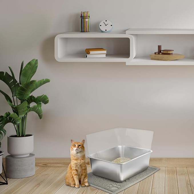2 PCS Stainless Steel Cat Litter Box, Extra Large Metal Litter Box with Plastic Shields, Kitty Basic Litter Pan 23.6''*15.8'' with Metal Litter Scoopers, Litter Mat