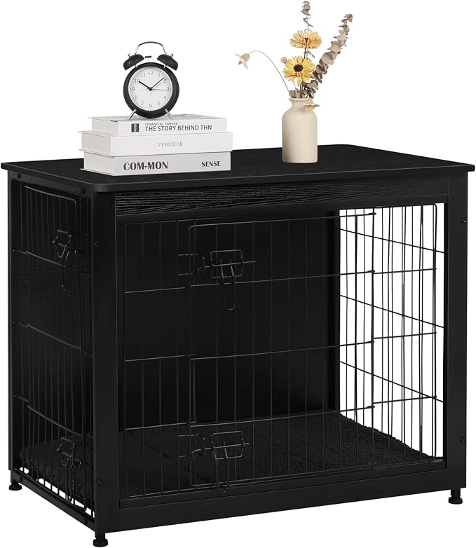 DWANTON Dog Crate Furniture with Cushion, Wooden Kennel Table with Double Doors, Indoor Dog House, Medium Size, 32.5" L, Black