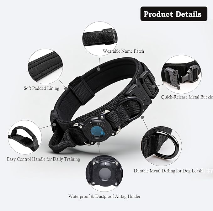 Upgraded AirTag Dog Collar,Waterproof Tactical Dog Collar with AirTag Holder, Control Handle and Metal Buckle,Heavy Duty Dog Collars for Large Dogs(Black，XXL