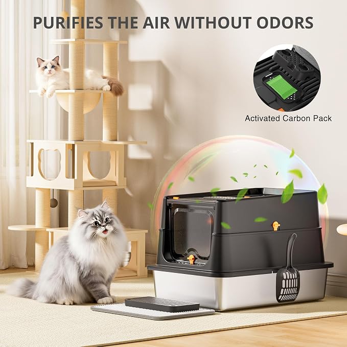 Stainless Steel Litter Box with Lid, XL Enclosed Cat Litter Box for Big Cats, Easy to Clean High Sided Metal Kitty, Front & Top Entry, Scoop, Mat& Foot Pedal - Black