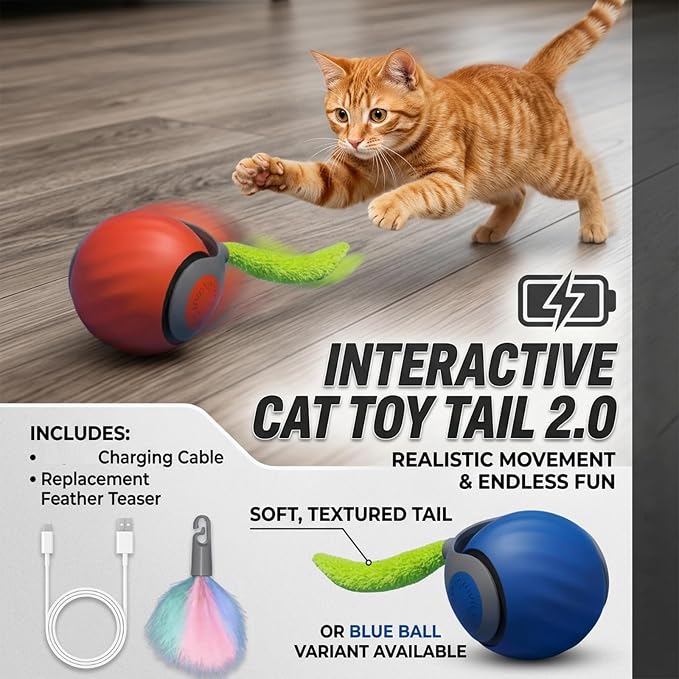 Teazys Cat Toy Turbo Tail 3.0,Interactive Cat Toy Ball, Automatic Cat Toy with Tail, Electric Rolling Ball on Carpet, Cat Enrichment Toys for Small/Medium/Large Cats to Keep Them Busy (Blue)