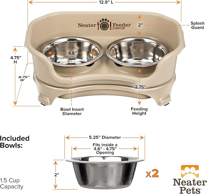Neater Feeder Express Mess Proof Dog Bowls Elevated for Small Breeds Under 15 Lb, Made in USA, No Spill Raised Dog Food Bowl Stand, Stainless Steel Food and Water Bowl Set, Feeding Station, Almond