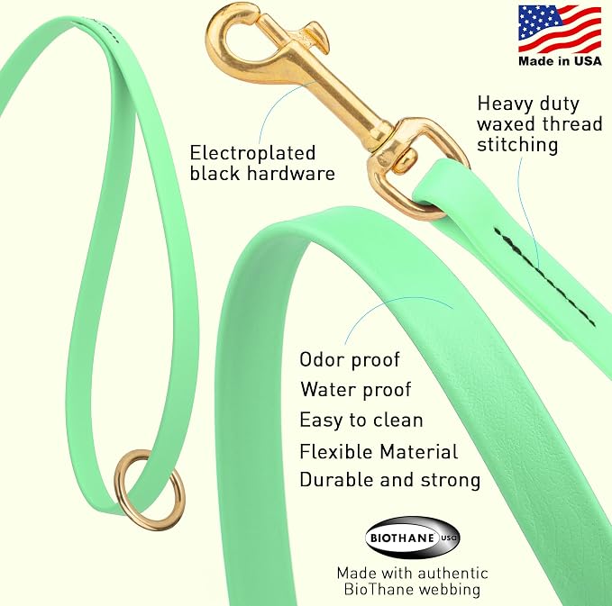 Viper Biothane K9 Working Dog Leash Waterproof Lead for Tracking Training Schutzhund Odor-Proof Long Line with Solid Brass Snap for Puppy Medium and Large Dogs 6ft, Sea Foam Green