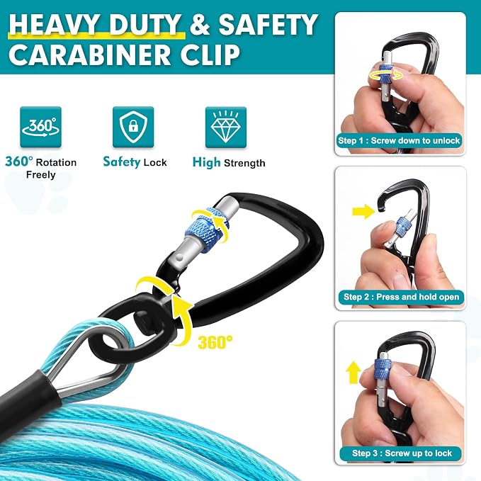 Snagle Paw Dog Leads for Yard 100FT-1000LBS Break Strength,Heavy Duty Tie Out Run Cable for Medium Large Dogs with Swivel Lockable Hook & Spring,Chew Proof Chain for Outside