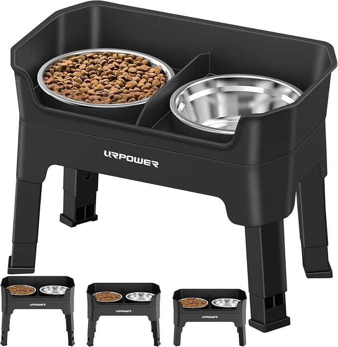 URPOWER Elevated Dog Bowls, 3-in-1 Double Deck Raised Dog Bowl Stand | 4 Height Adjustable Raised Stand with 2 Stainless Steel Food Bowls & Licking Plate for Small, Medium & Large Dogs