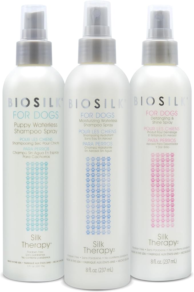 BioSilk for Dogs Silk Therapy Deep Moisture Waterless Shampoo Spray, No Rinse Between-Bath Dog Grooming Spray, Sulfate and Paraben Free, pH Balanced, Made in USA, 8 Fl Oz - 2 Pack