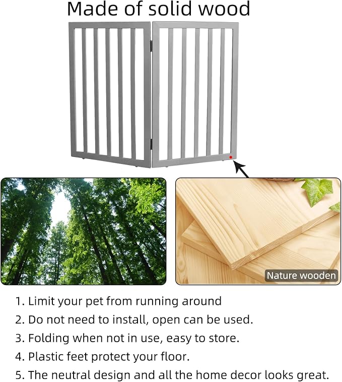 ZJSF Freestanding Indoor Dog Gate for House Foldable Wood Grey Puppy Gate for Doorways Pet Gate for Stairs Extra Wide Pet Fence 32" Height 2 Panels