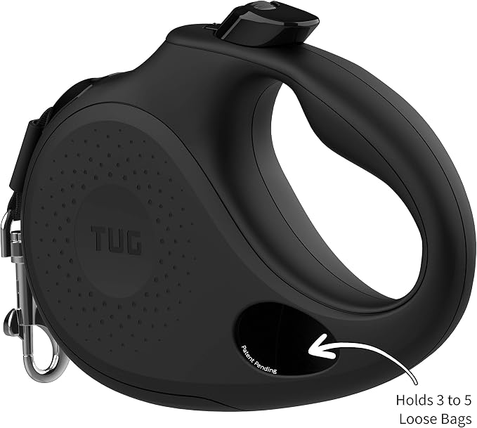 TUG Oval 360° Tangle-Free Retractable Dog Leash with Integrated Waste Bag Dispenser (Small, Black)
