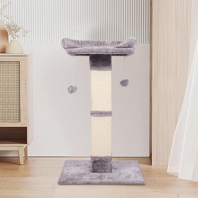 34" Tall Cat Scratching Post with Bed, Sisal Scratch Posts Trees with Plush Perch and Hanging Ball for Indoor Cats, Removable Cover, Large Scratch Post and Base, Rugged and Durable, Light Grey