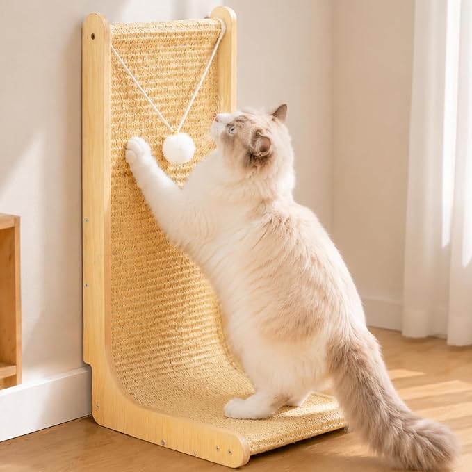 26.8" Sisal Cat Scratchers with Bell Plush Balls,Wooden Furniture | L Shaped Scratching Post for Indoor Cats,Vertical Cat Scratcher Board Natural Sisal Scratcher Pad to Protect Furniture