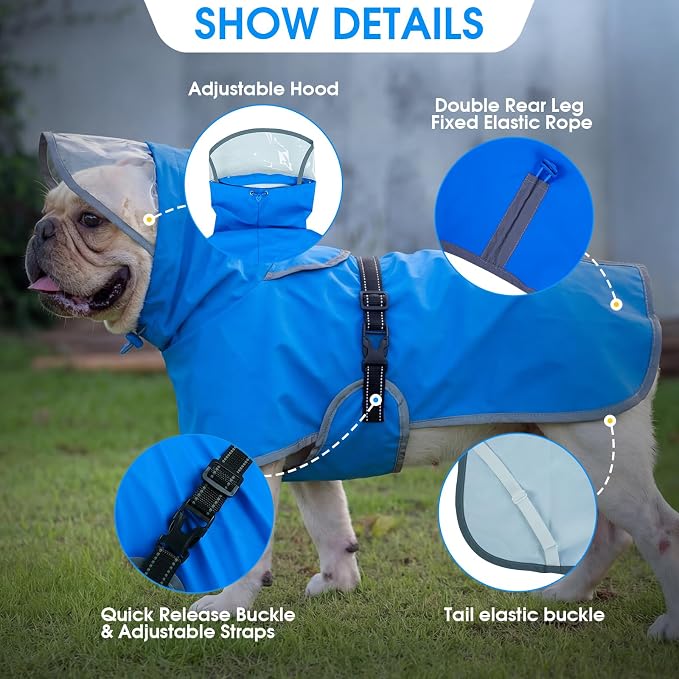 BRKURLEG Dog Raincoat, Waterproof Rain Jacket with Clear Hood for Small Medium and Large Dogs, Adjustable Reflective Pet Rain Coat Poncho with Leash Hole, Blue XXL