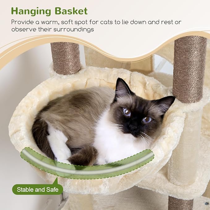 Globlazer F71 Cat Tree Tall, 71in Cat Tower for Indoor Cats, Beige | Multi-Level 3 Condos for Indoor Cats, XL Cat Tree Tower with Scratching Posts, Soft Extra Large Hanging Basket