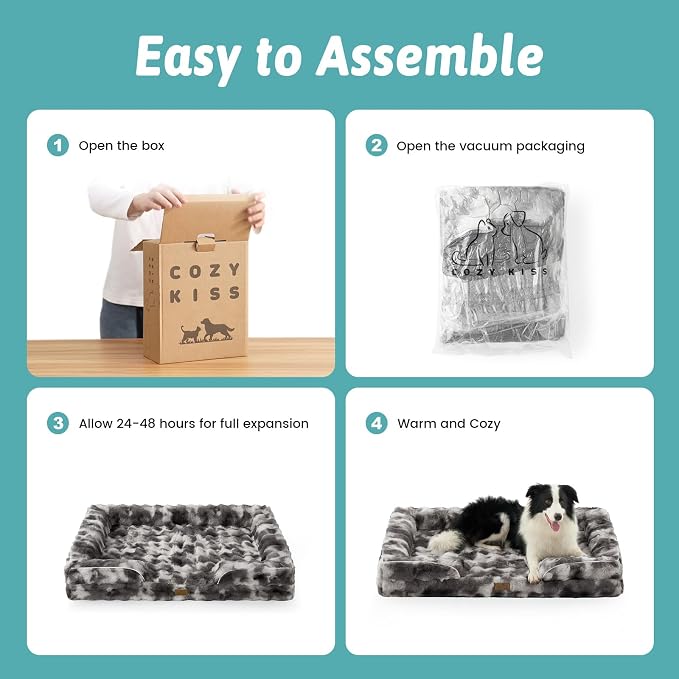COZY KISS Orthopedic Dog Bed for Extra Large Dog 44x32 inch, XL Faux Fur Pet Sofa, Bolster Foam Bed with Sides, Non-Slip and Egg-Crate Big Dog Couch Bed with Washable Removable Cover, Tie Dye Grey