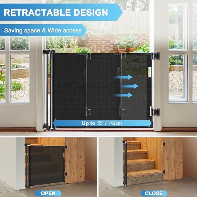 55" Wide Retractable Baby Gates for Doorways, Retractable Dog Gate, Black | Indoor & Outdoor, Space-Saving, Easy One-Hand Operation, Safety Lock, Durable Mesh, Easy Install, for Stairs/Hallways/Decks