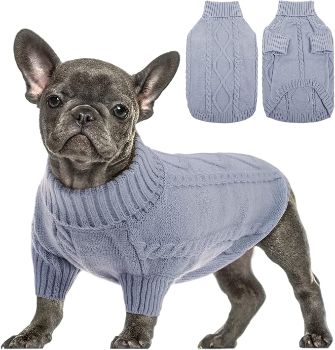 Queenmore Small Dog Pullover Sweater, Cold Weather Cable Knitwear, Classic Turtleneck Thick Warm Clothes for Chihuahua, Bulldog, Dachshund, Pug, Yorkie (Grey, X-Large)
