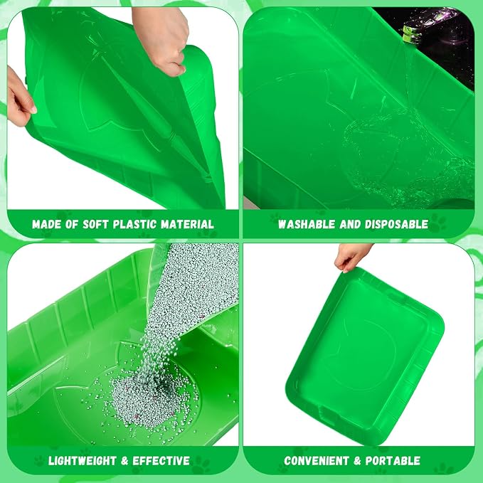 Bokon 25 Count Disposable Litter Box for Cat, Large Disposable Litter Tray for Travel Home Durable Portable Plastic Kitty Litters Boxes Leak-Resistant Easy-Grip Rim, 15.7 x 11.8 x 3 Inches(Green)
