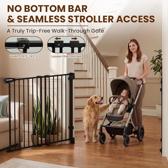 Mumeasy 36" Tall Baby Gate for Stairs, 29.5-43.3" Expandable Hardware Mounted (Drill Needed), Removable No Bottom Bar Dog Gate, Auto Close Wide Walk Thru Safety Gate for Doorways, Pets& Toddlers,Black