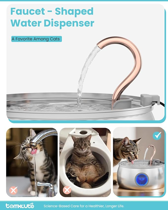 Tomxcute Cat Water Fountain Stainless Steel, 4.0L/135oz with 3 Filters | Ultra Quiet Pump, Copper Gooseneck, Dishwasher Safe, Cat Fountain for Drinking for Cats, Dogs, Multiple Pets