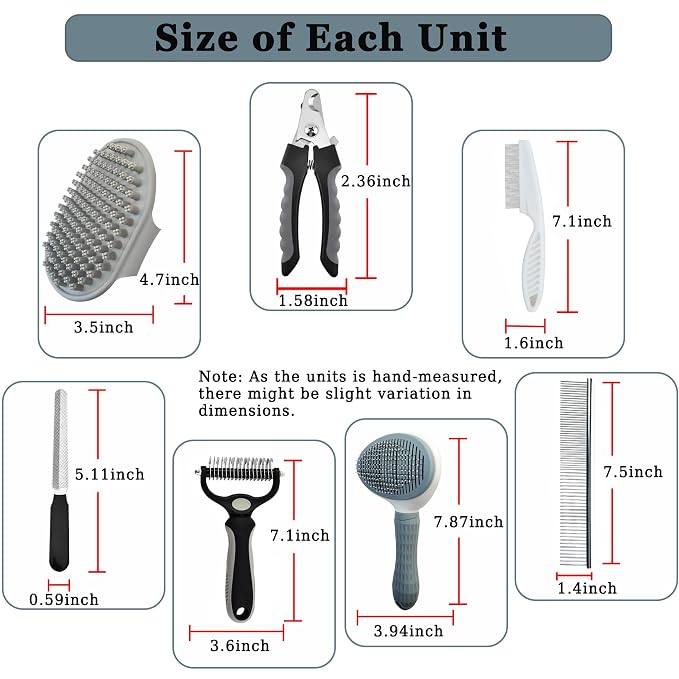 7PCS Dog Grooming Brush Kit for Shedding and Matted Fur, Self-Cleaning Slicker Brush with Undercoat Rake, Flea Comb for Long-Haired Pets, Grey