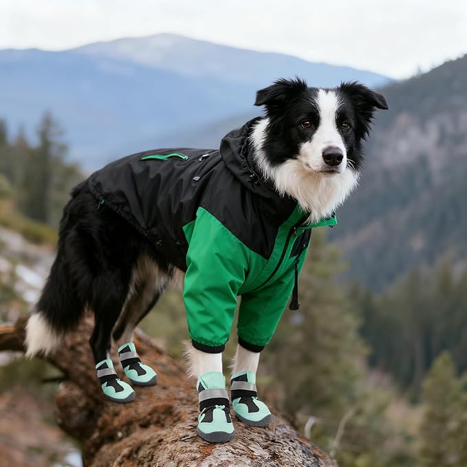 2 Pack Dog Shoes Waterproof, Non-Slip Dog Boots & paw Protectors，Dog Boot for hot Pavement,Winter Snow, Soft Comfortable Safe、Easy to Wear, Dog Boots for Medium Large Dogs（Green 5#