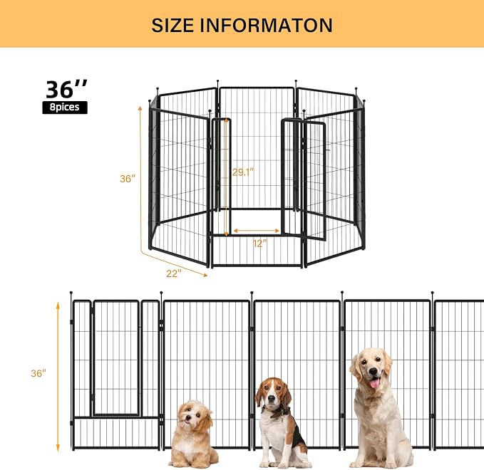 Dog Playpen Indoors/Outdoor, 36 inch 8 Panels Dog Play Pen for Small Dogs, Rustproof Metal Pet Fence for RV Camping/Yard/Garden