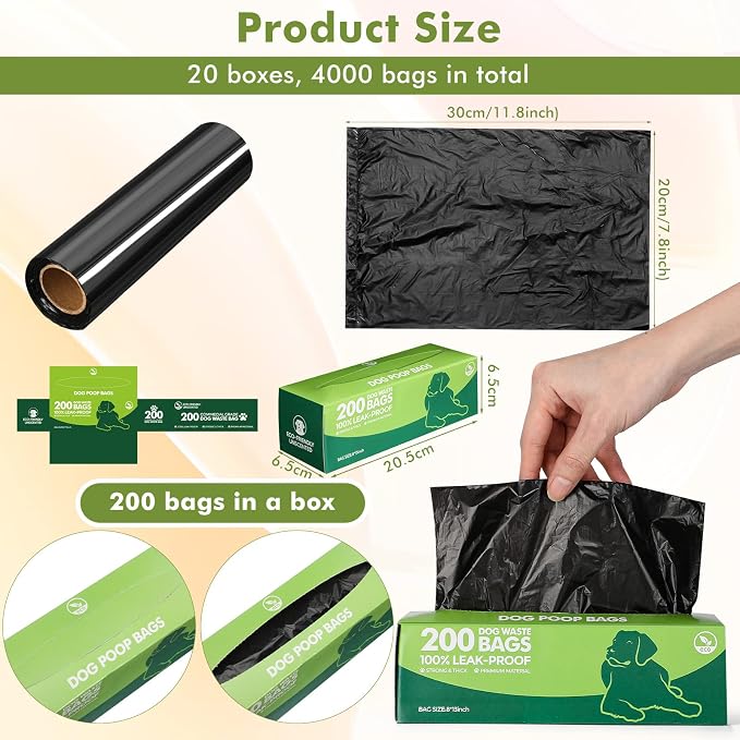 Sherr Dog Poop Bags, 20 Rolls of 200, 4000 Counts, Black | Leak Proof, Bulk Box, Universal Pet Waste Bags, For Outdoor Walking and Travel