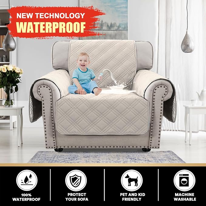 100% Waterproof Chair Sofa Slipcover for Living Room Water Resistant Couch Cover Furniture Protector Cover with Elastic Straps for Pets Kids Children Dog Cat(Chair 23", French Oak)