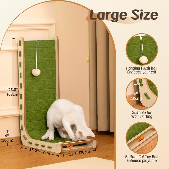 Cat Scratcher with Bell Ball Cat Scratch Pad L-Shaped Scratch Mat Vertical Cat Scratching Board for Indoor Cats Felt Cats Scratching Post Furniture Protector Kittens Cratchers Toys- Green