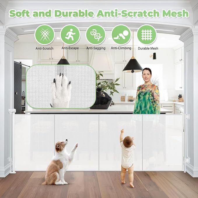 Reinforced 155" Extra Wide Retractable Baby Gate, Prevents Crawling Under | Indoor/Outdoor Retractable Dog Gate, Space-Saving, Easy to Use, Scratch-Resistant Mesh, Safety Lock, Easy Install, White