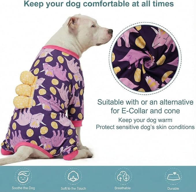 LovinPet Large Dog Pajamas, Four-Leg Stretch Onesie Bodysuit, Lightweight UV-Shielding Pajamas, Anti-Lick Calming Recovery Suit for Surgery, 3D Dino Egg Spikes, Easy on/Off， Purple， 3XL