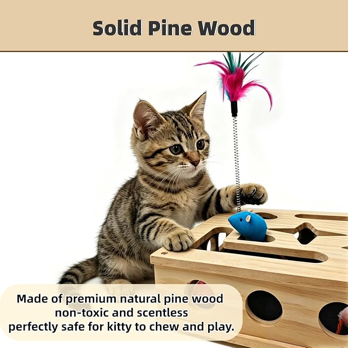 Cat Toys, Cat Scratcher Puzzle Enrichment Box - Wooden Cat Nail File with 2 Catnip Mice & 2 Balls & 2 Wand, Interactive Cat Toy Treat Maze for Indoor Cats, Stress-Free Cat Scratch Box That Trim Nails