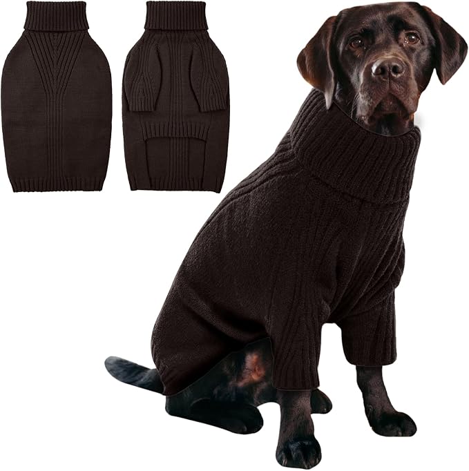 IECOii XXL Dog Sweater,Thermal Knit Big Dog Sweater with Sleeve,Pet Turtleneck Doggy Sweatshirt for Extra Large Dogs Boy Girl,Stretchy Large Dogs Cold Weather Outfit Pitbull Clothes,(Brown,XXL)