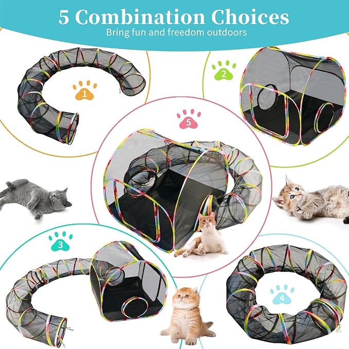 Outdoor Cat Enclosure 2-in-1, Extra Large Pop Up Cat Rolling Tent with 134" Tunnel for Indoor Cats, Expandable Foldable Cat Playpen for Backyard Camping, Fits Small Animals,1-Min Setup