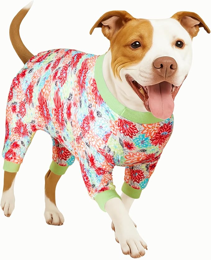 LovinPet Dog PJS Bodysuit for Large Dogs, Pet Pajamas for Dogs, Anti Licking & Anxiety Calming Dog Shirt, Lightweight Stretchy Fabric, Watermelon & Flowers Print, Pitbull Clothes, 2XL