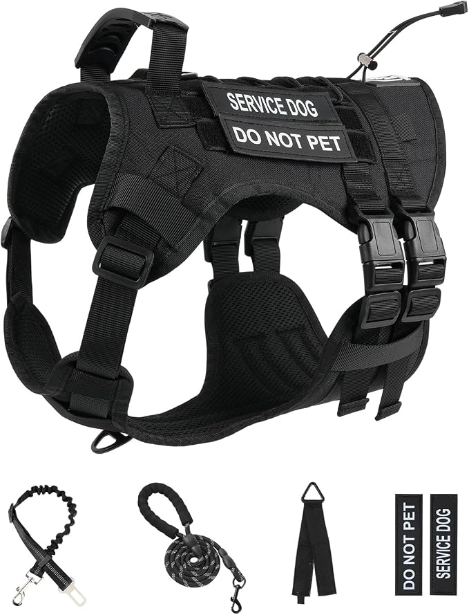 No Pull Tactical Dog Harness for Large Dogs, Service Dog Vest, L, Black | Tactical Dog Vest Harness and Leash Set, Adjustable Military Service Dog Harness with Handle for Medium Large Dogs