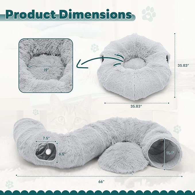 DUMOS Cat Tunnel Bed for Indoor Cats, Cave Donut Play Tunnel, Grey | Soft Plush Peekaboo, Washable Circle Cushion, Multifunctional Playground Under Tree Toys for Kittens, Puppy, Rabbit, Ferret