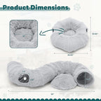 DUMOS Cat Tunnel Bed for Indoor Cats, Cave Donut Play Tunnel, Grey | Soft Plush Peekaboo, Washable Circle Cushion, Multifunctional Playground Under Tree Toys for Kittens, Puppy, Rabbit, Ferret
