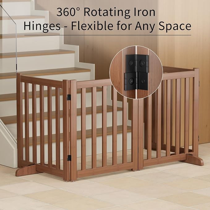 Wooden Freestanding Foldable Dog Gate, 24 Inch Height 4 Panel Pet Gate No Drill for Doorways Stairs, Fully Assembled Indoor Puppy Fence (Brown, 80" W x 24" H)